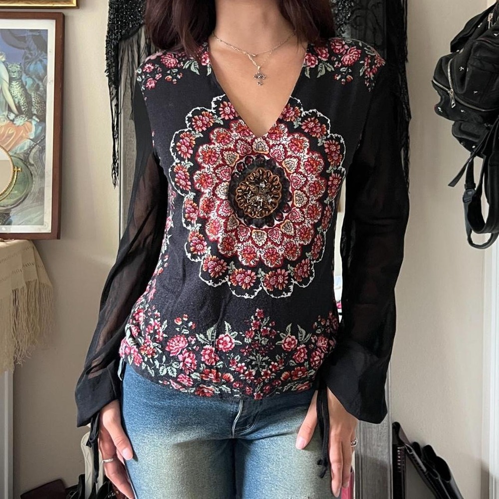 Bighet Da Canel Italy Boho Floral Paisley Sheer Puff Sleeve Beaded Top Black L